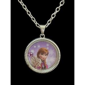 Disney Frozen Anna Pendant Necklace 17" Silvertone Chain 1.5" Diameter